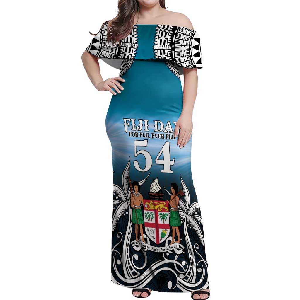Personalised Happy 54th Fiji Day Off Shoulder Maxi Dress Forever Fiji With Tapa Tribal Pattern LT05 Women Blue - Polynesian Pride