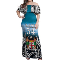 Personalised Happy 54th Fiji Day Off Shoulder Maxi Dress Forever Fiji With Tapa Tribal Pattern LT05 Women Blue - Polynesian Pride