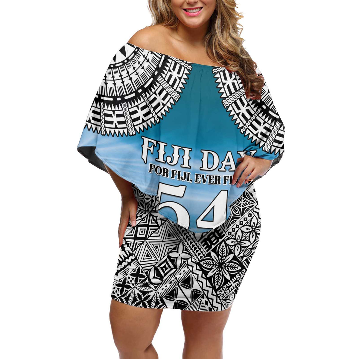 Personalised Happy 54th Fiji Day Off Shoulder Short Dress Forever Fiji With Tapa Tribal Pattern LT05 Women Blue - Polynesian Pride