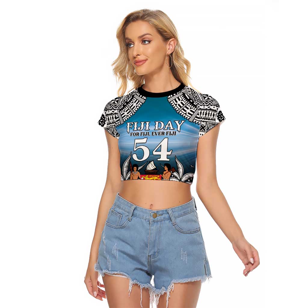 Personalised Happy 54th Fiji Day Raglan Cropped T Shirt Forever Fiji With Tapa Tribal Pattern LT05 Female Blue - Polynesian Pride
