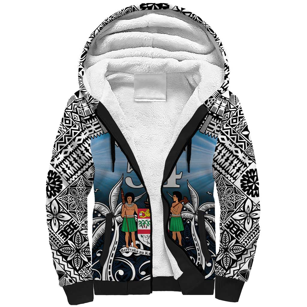 Personalised Happy 54th Fiji Day Sherpa Hoodie Forever Fiji With Tapa Tribal Pattern LT05 Unisex Blue - Polynesian Pride