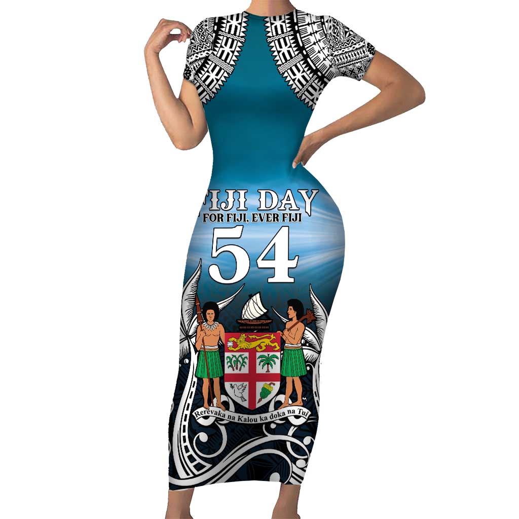 Personalised Happy 54th Fiji Day Short Sleeve Bodycon Dress Forever Fiji With Tapa Tribal Pattern LT05 Long Dress Blue - Polynesian Pride
