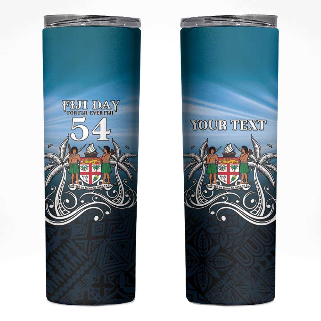 Personalised Happy 54th Fiji Day Skinny Tumbler Forever Fiji With Tapa Tribal Pattern LT05 Blue - Polynesian Pride
