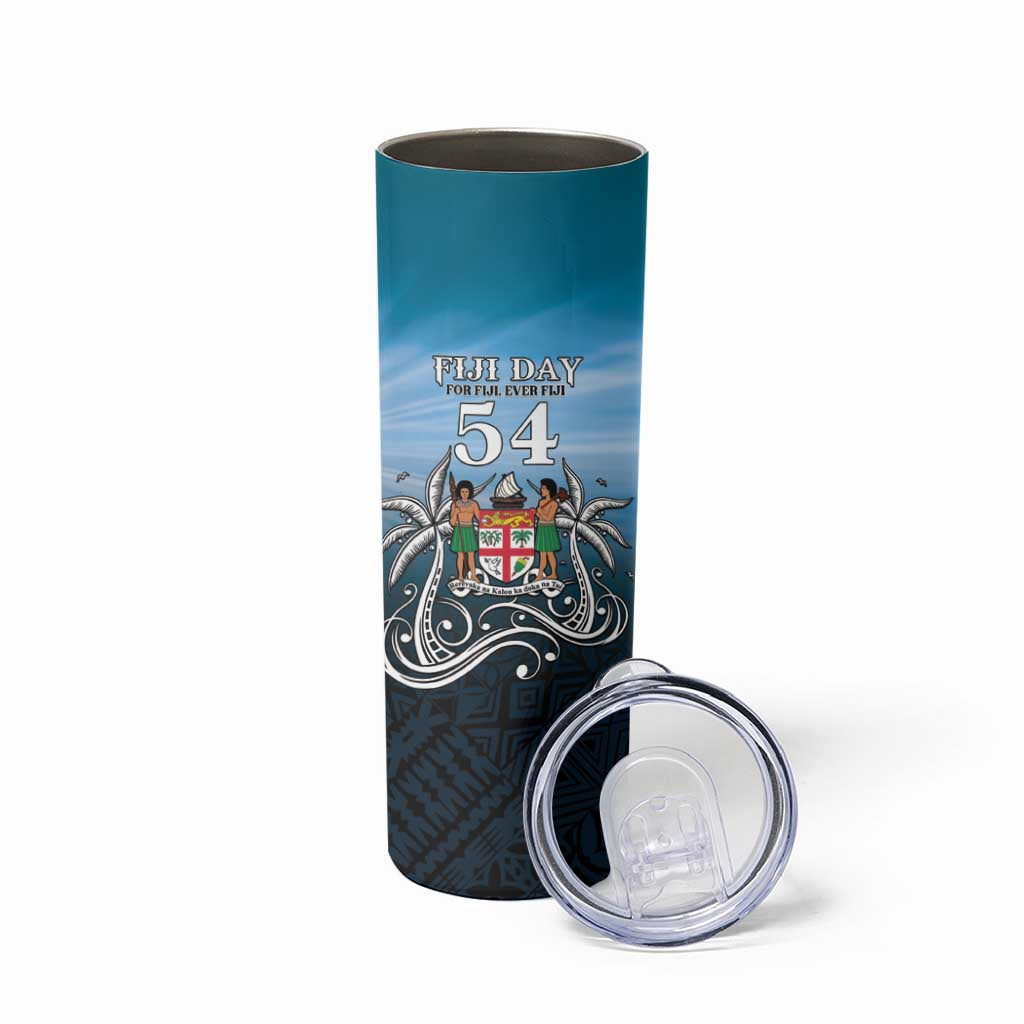 Personalised Happy 54th Fiji Day Skinny Tumbler Forever Fiji With Tapa Tribal Pattern LT05 - Polynesian Pride