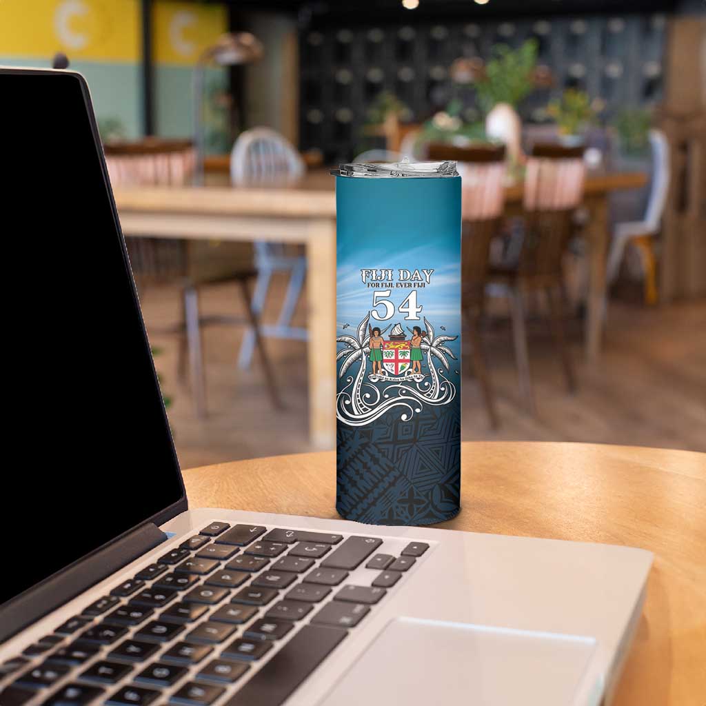Personalised Happy 54th Fiji Day Skinny Tumbler Forever Fiji With Tapa Tribal Pattern LT05 - Polynesian Pride
