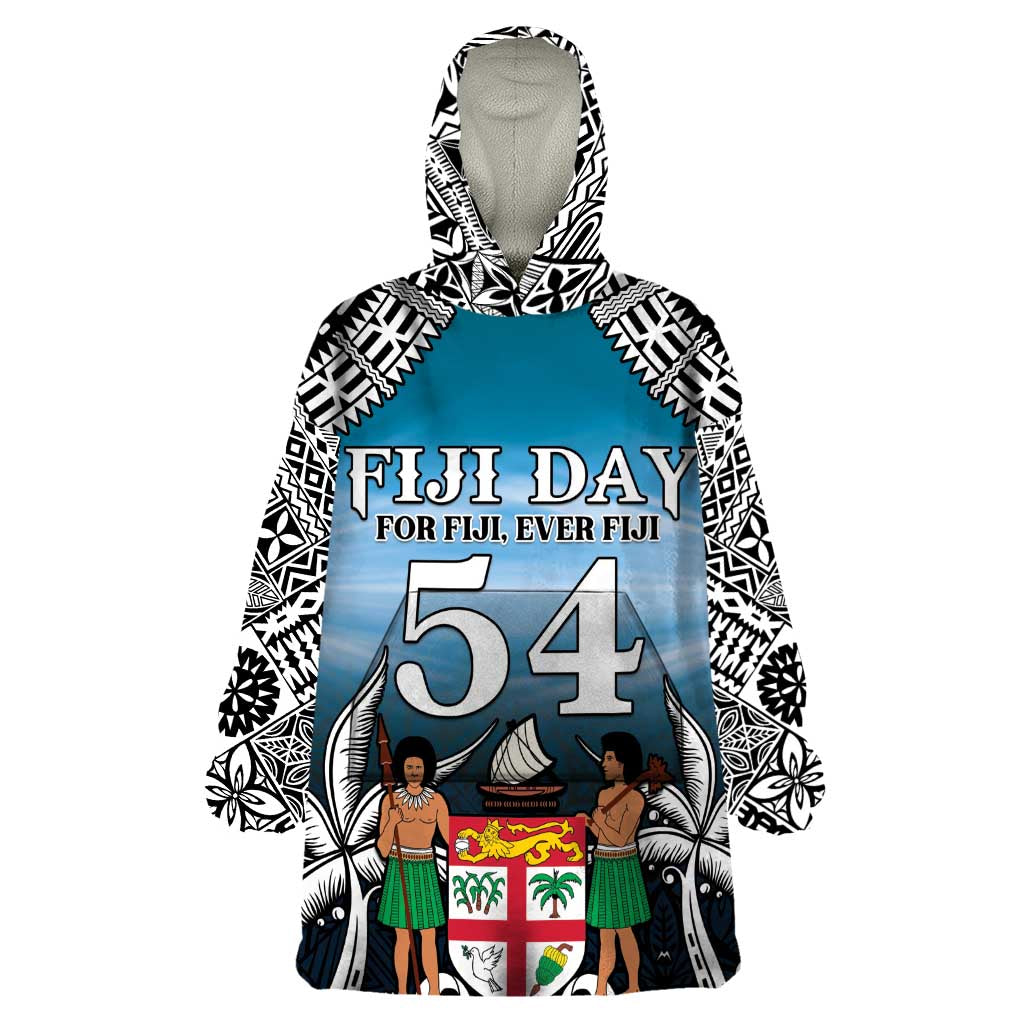 Personalised Happy 54th Fiji Day Wearable Blanket Hoodie Forever Fiji With Tapa Tribal Pattern LT05 One Size Blue - Polynesian Pride