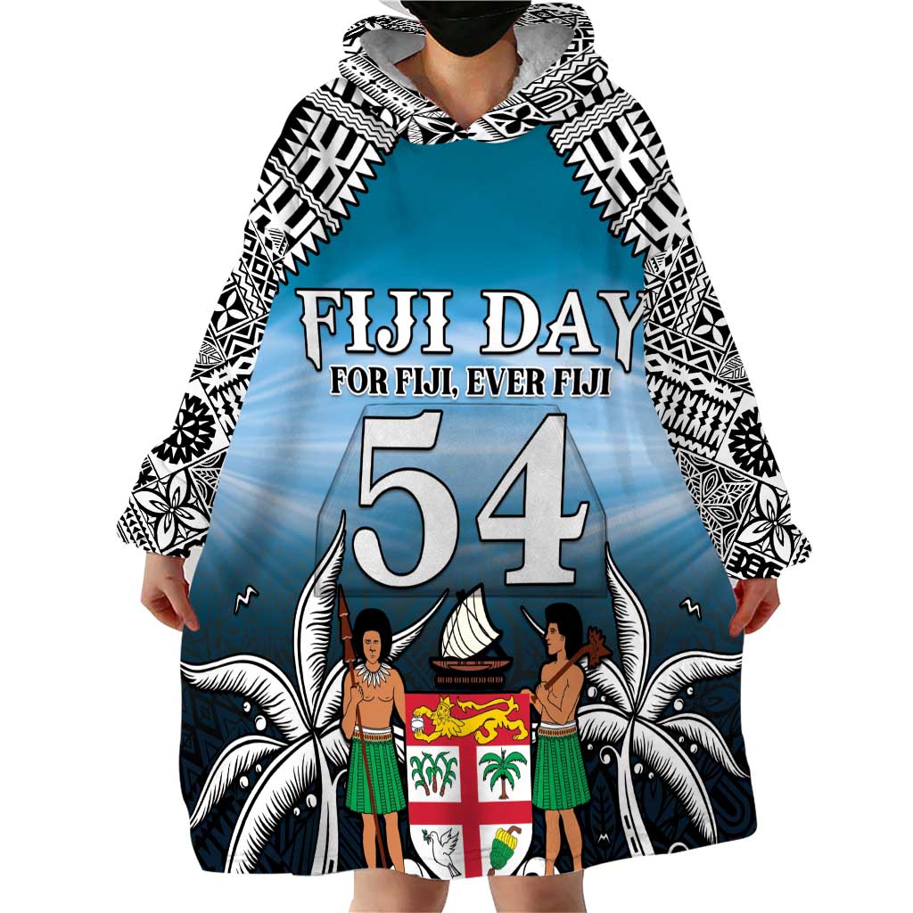 Personalised Happy 54th Fiji Day Wearable Blanket Hoodie Forever Fiji With Tapa Tribal Pattern LT05 - Polynesian Pride