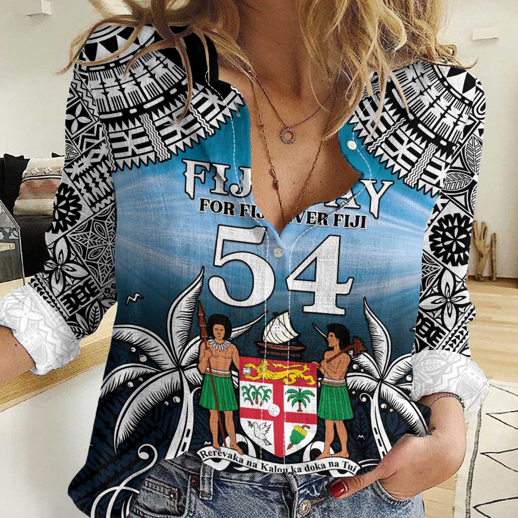 Personalised Happy 54th Fiji Day Women Casual Shirt Forever Fiji With Tapa Tribal Pattern LT05 Female Blue - Polynesian Pride