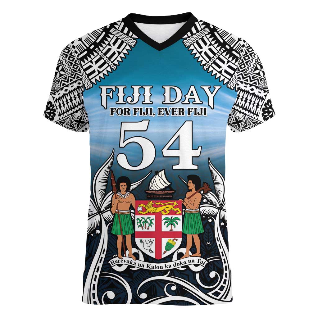 Personalised Happy 54th Fiji Day Women V-Neck T-Shirt Forever Fiji With Tapa Tribal Pattern LT05 Female Blue - Polynesian Pride