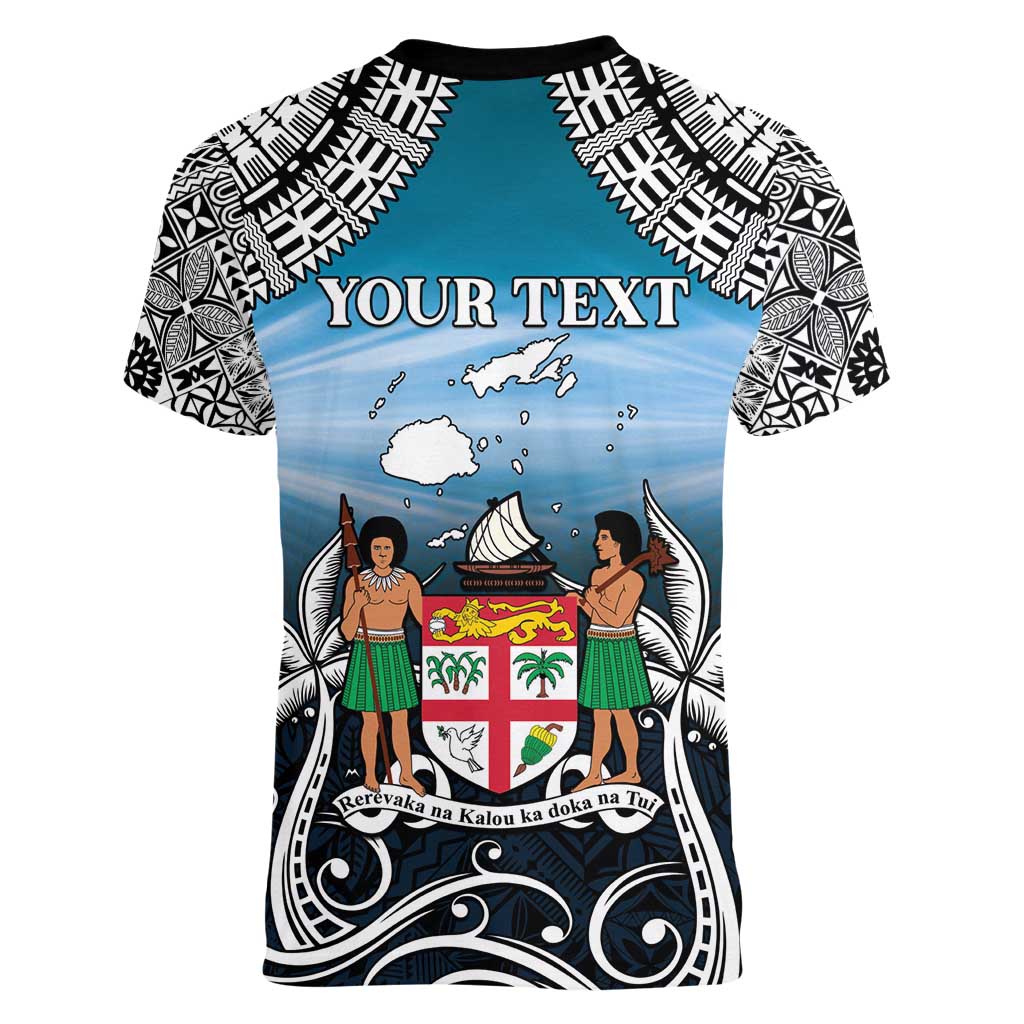 Personalised Happy 54th Fiji Day Women V-Neck T-Shirt Forever Fiji With Tapa Tribal Pattern LT05 - Polynesian Pride