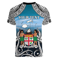 Personalised Happy 54th Fiji Day Women V-Neck T-Shirt Forever Fiji With Tapa Tribal Pattern LT05 - Polynesian Pride