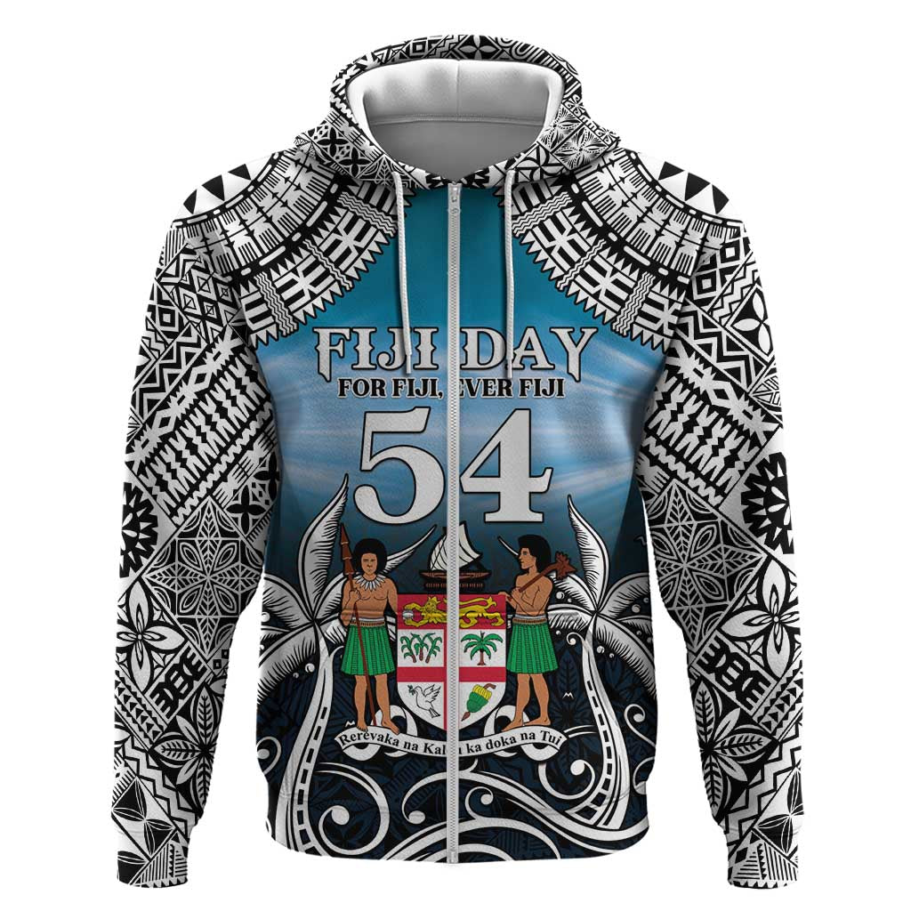 Personalised Happy 54th Fiji Day Zip Hoodie Forever Fiji With Tapa Tribal Pattern LT05 Zip Hoodie Blue - Polynesian Pride