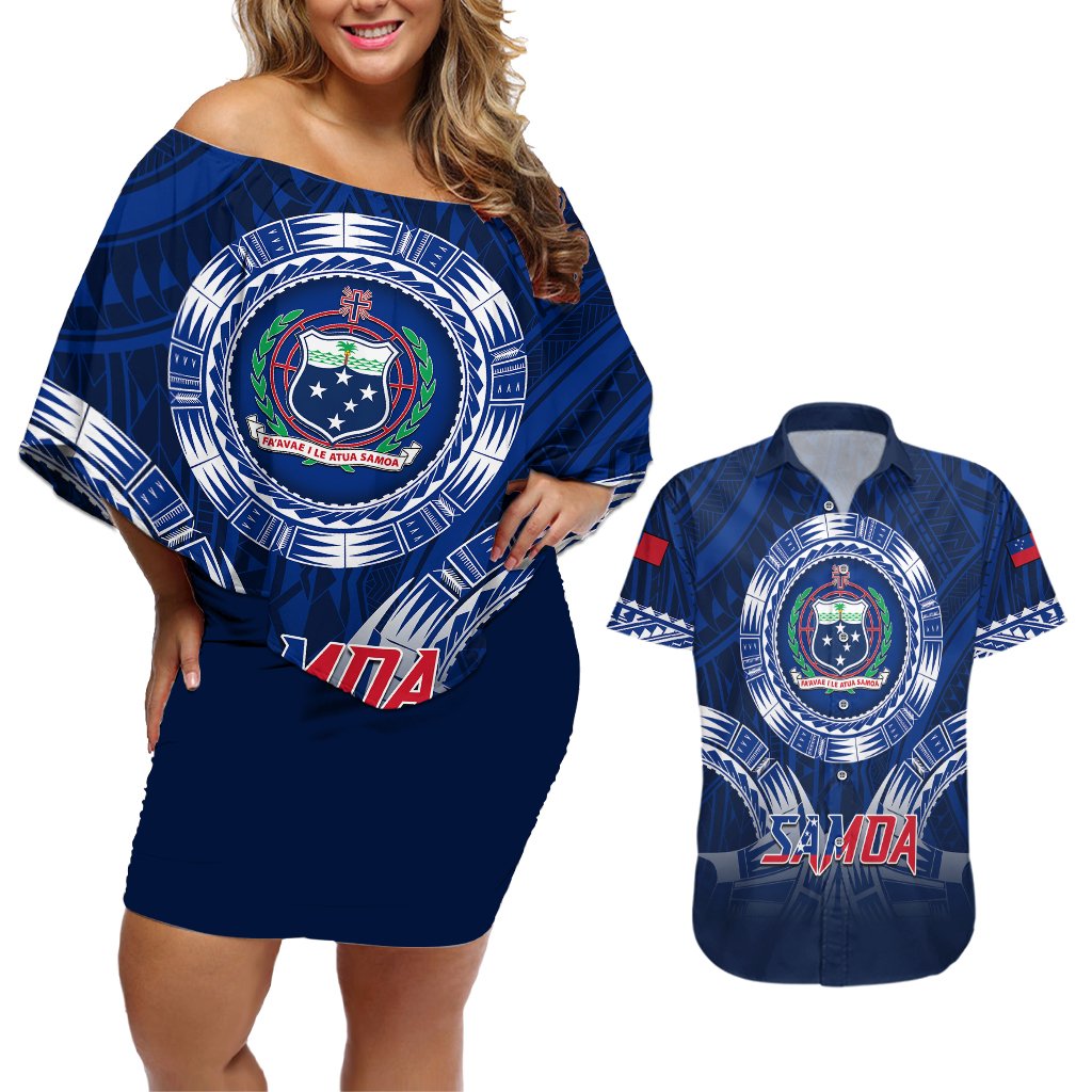 Custom Samoa Rugby Couples Matching Off Shoulder Short Dress and Hawaiian Shirt World Cup 2023 Coat Of Arms With Polynesian Pattern LT05 Blue - Polynesian Pride