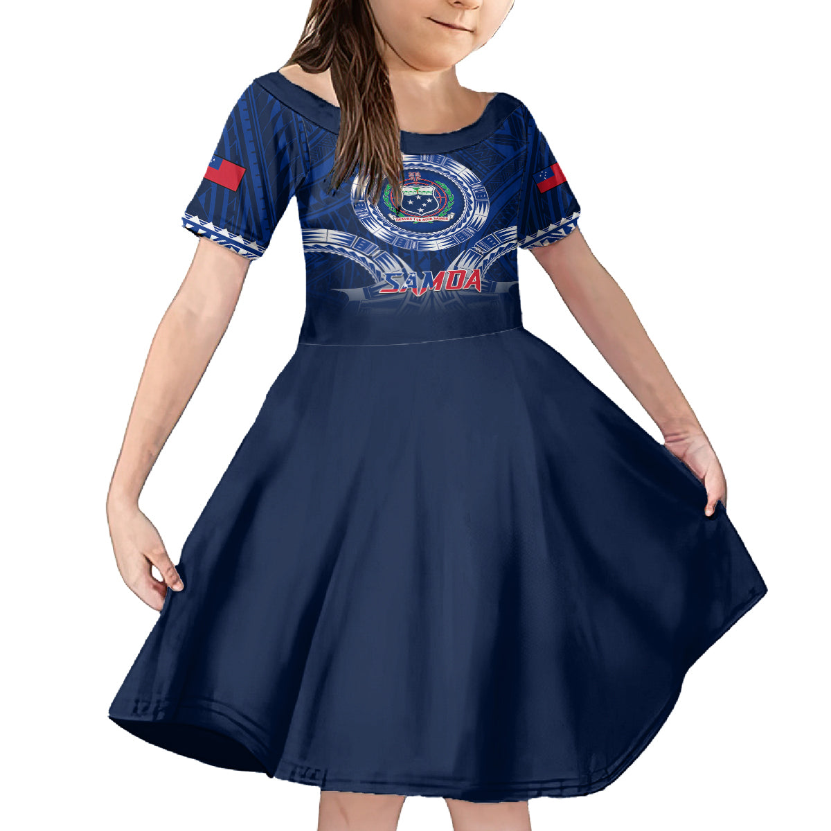 Custom Samoa Rugby Family Matching Off Shoulder Maxi Dress and Hawaiian Shirt World Cup 2023 Coat Of Arms With Polynesian Pattern LT05 Daughter's Dress Blue - Polynesian Pride