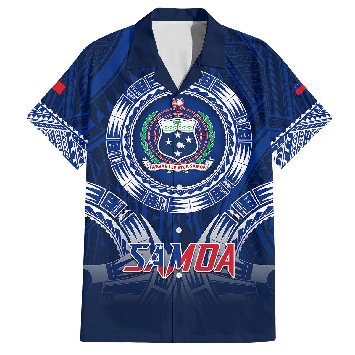Custom Samoa Rugby Family Matching Off Shoulder Maxi Dress and Hawaiian Shirt World Cup 2023 Coat Of Arms With Polynesian Pattern LT05 Dad's Shirt - Short Sleeve Blue - Polynesian Pride