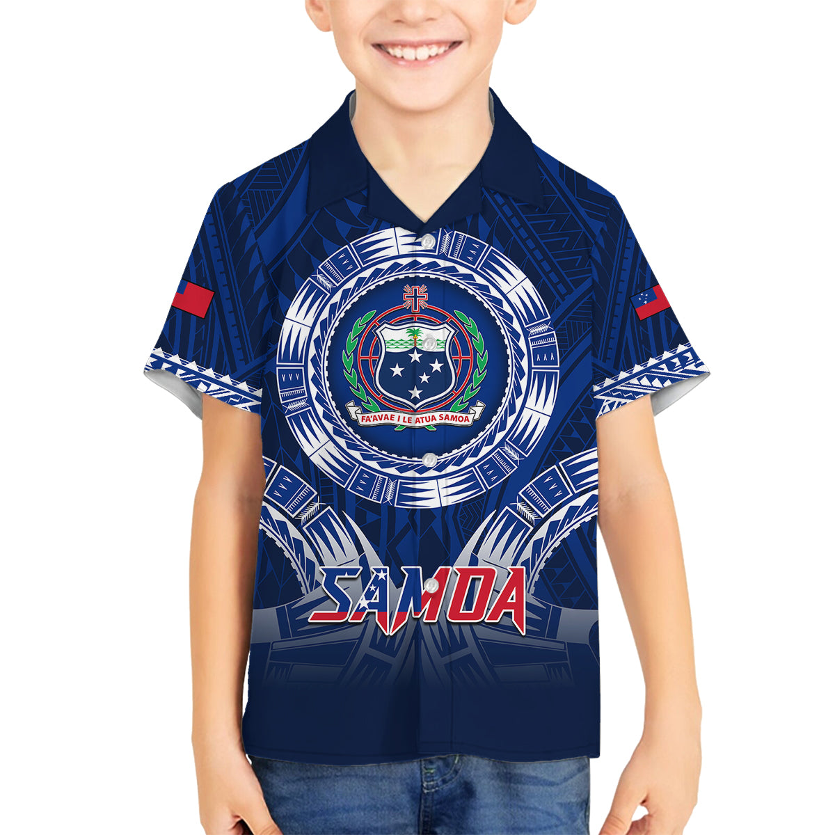 Custom Samoa Rugby Family Matching Puletasi Dress and Hawaiian Shirt World Cup 2023 Coat Of Arms With Polynesian Pattern LT05 Son's Shirt Blue - Polynesian Pride