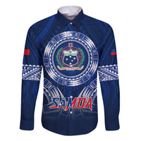 Custom Samoa Rugby Family Matching Short Sleeve Bodycon Dress and Hawaiian Shirt World Cup 2023 Coat Of Arms With Polynesian Pattern LT05 Dad's Shirt - Long Sleeve Blue - Polynesian Pride
