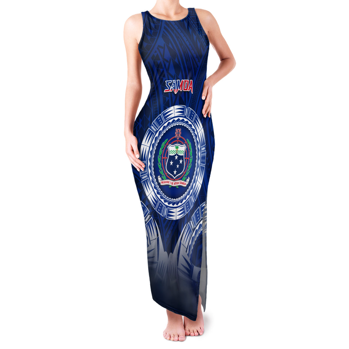 Custom Samoa Rugby Family Matching Tank Maxi Dress and Hawaiian Shirt World Cup 2023 Coat Of Arms With Polynesian Pattern LT05 Mom's Dress Blue - Polynesian Pride