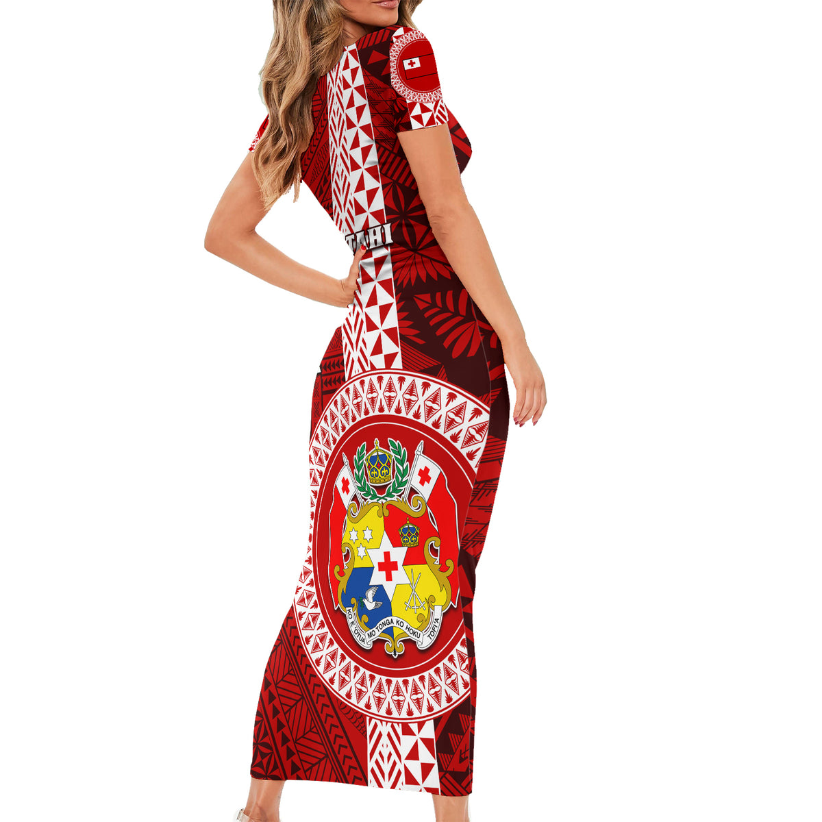 Tonga Rugby Short Sleeve Bodycon Dress World Cup 2023 Coat Of Arms Ngatu Pattern LT05 - Polynesian Pride