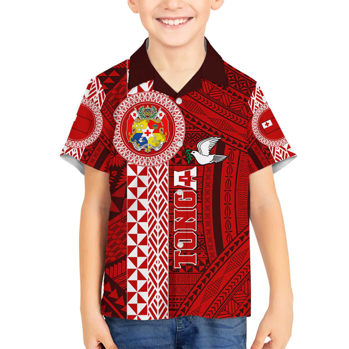 Custom Tonga Rugby Family Matching Long Sleeve Bodycon Dress and Hawaiian Shirt World Cup 2023 Coat Of Arms Ngatu Pattern LT05 Son's Shirt Red - Polynesian Pride