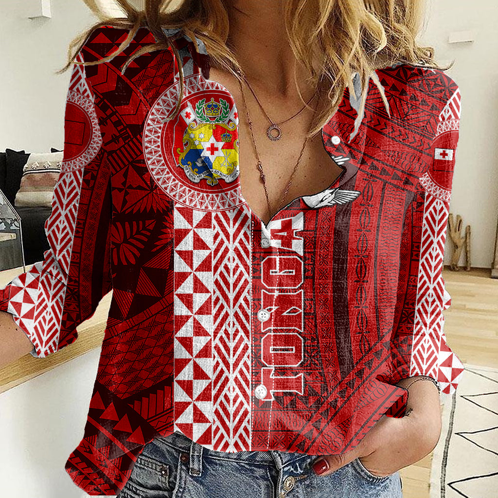 Custom Tonga Rugby Women Casual Shirt World Cup 2023 Coat Of Arms Ngatu Pattern LT05 Female Red - Polynesian Pride