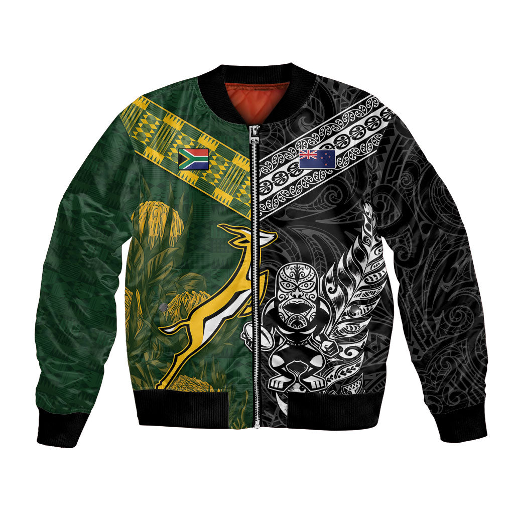 Rugby New Zealand South Africa Bomber Jacket Maori Tiki Springboks Together