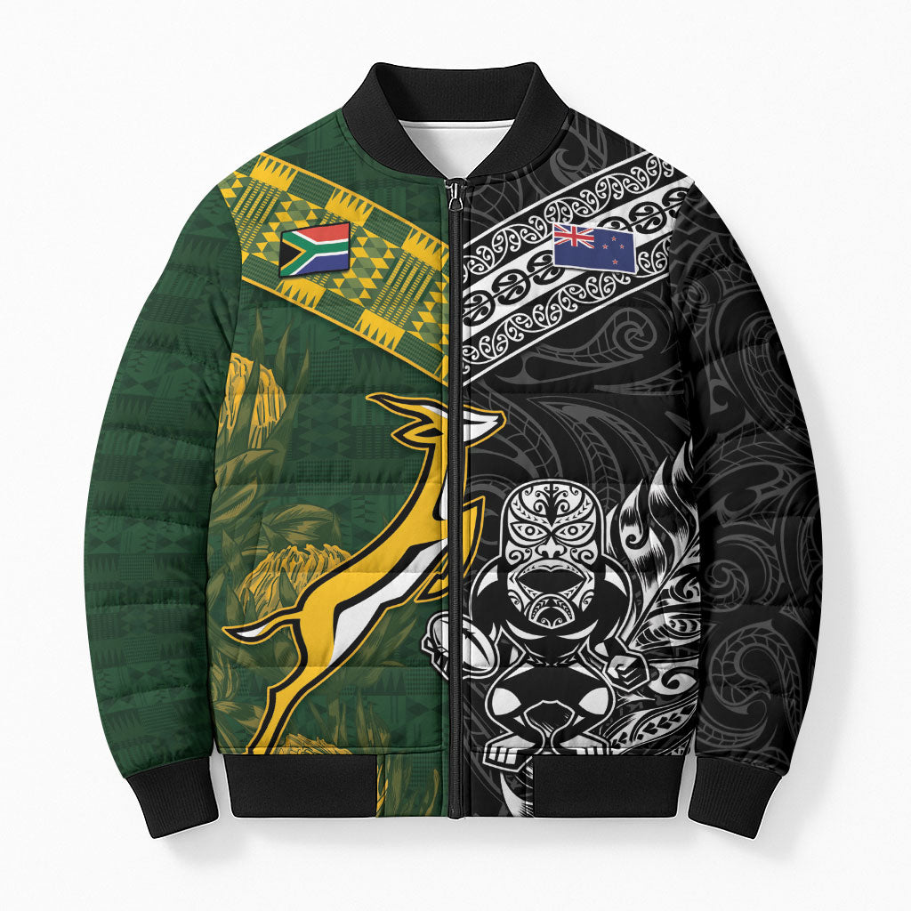 Rugby New Zealand South Africa Bomber Puffer Jacket Maori Tiki Springboks Together