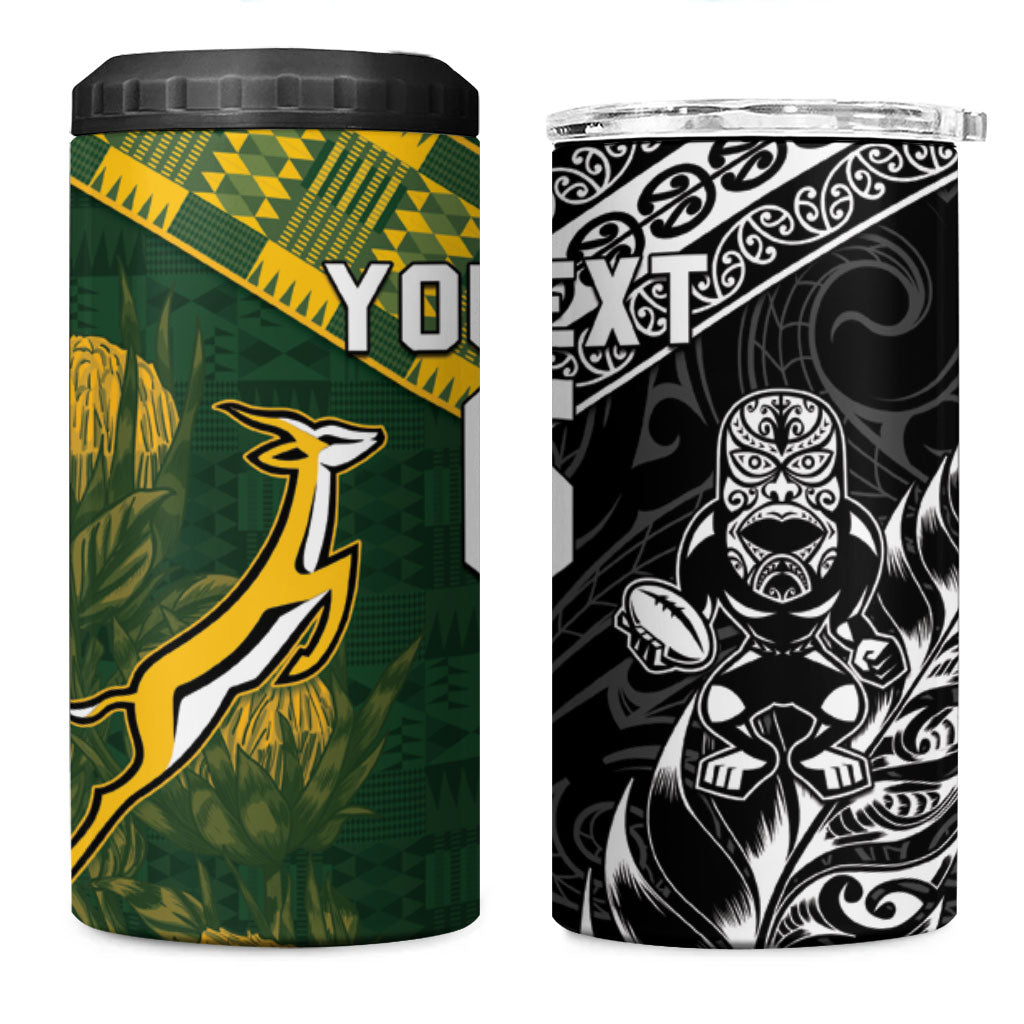 Rugby New Zealand South Africa 4 in 1 Can Cooler Tumbler Maori Tiki Springboks Together