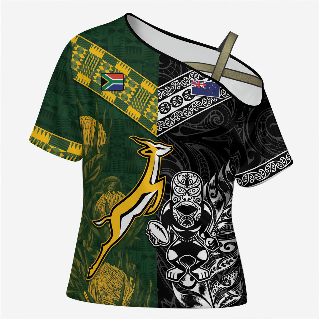 Rugby New Zealand South Africa Cross Shoulder Shirt Maori Tiki Springboks Together