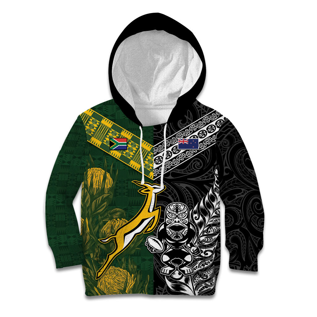 Rugby New Zealand South Africa Kid Hoodie Maori Tiki Springboks Together