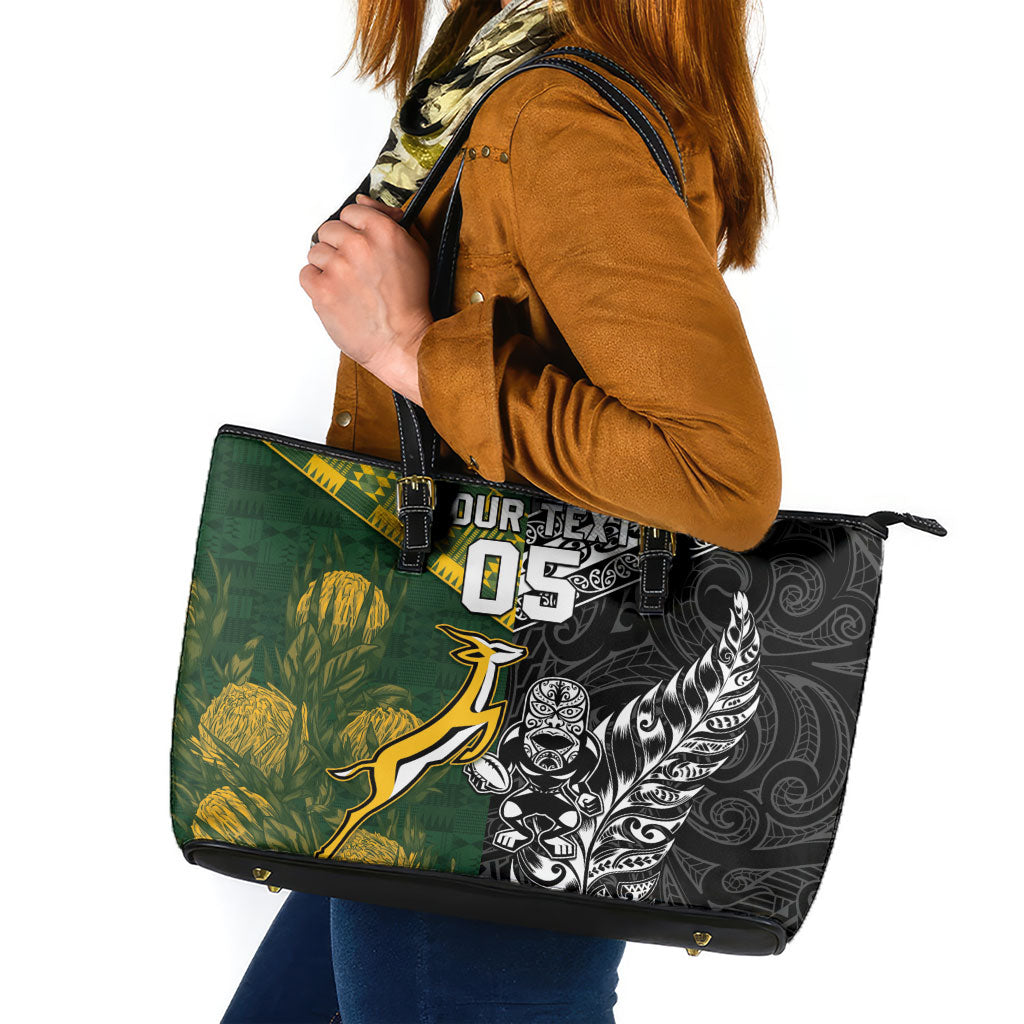 Rugby New Zealand South Africa Leather Tote Bag Maori Tiki Springboks Together
