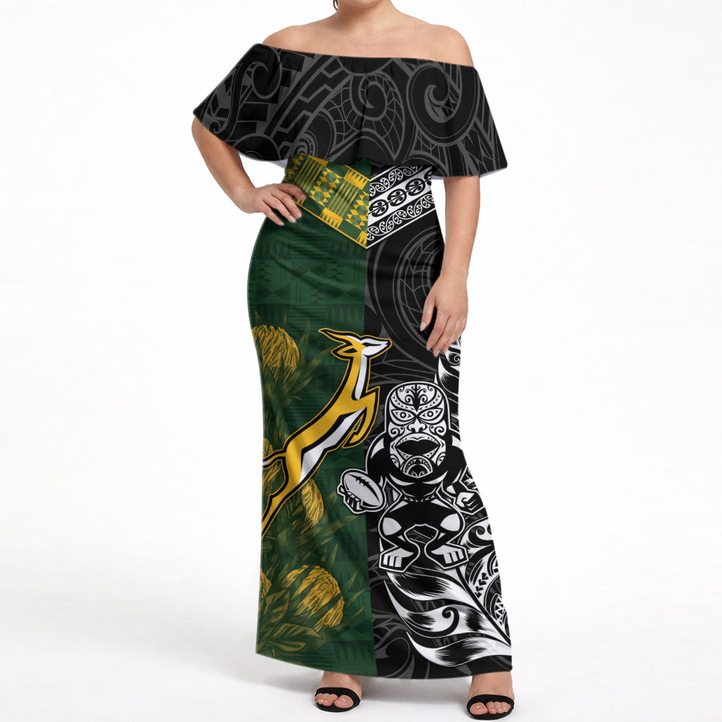 Rugby New Zealand South Africa Off Shoulder Maxi Dress Maori Tiki Springboks Together