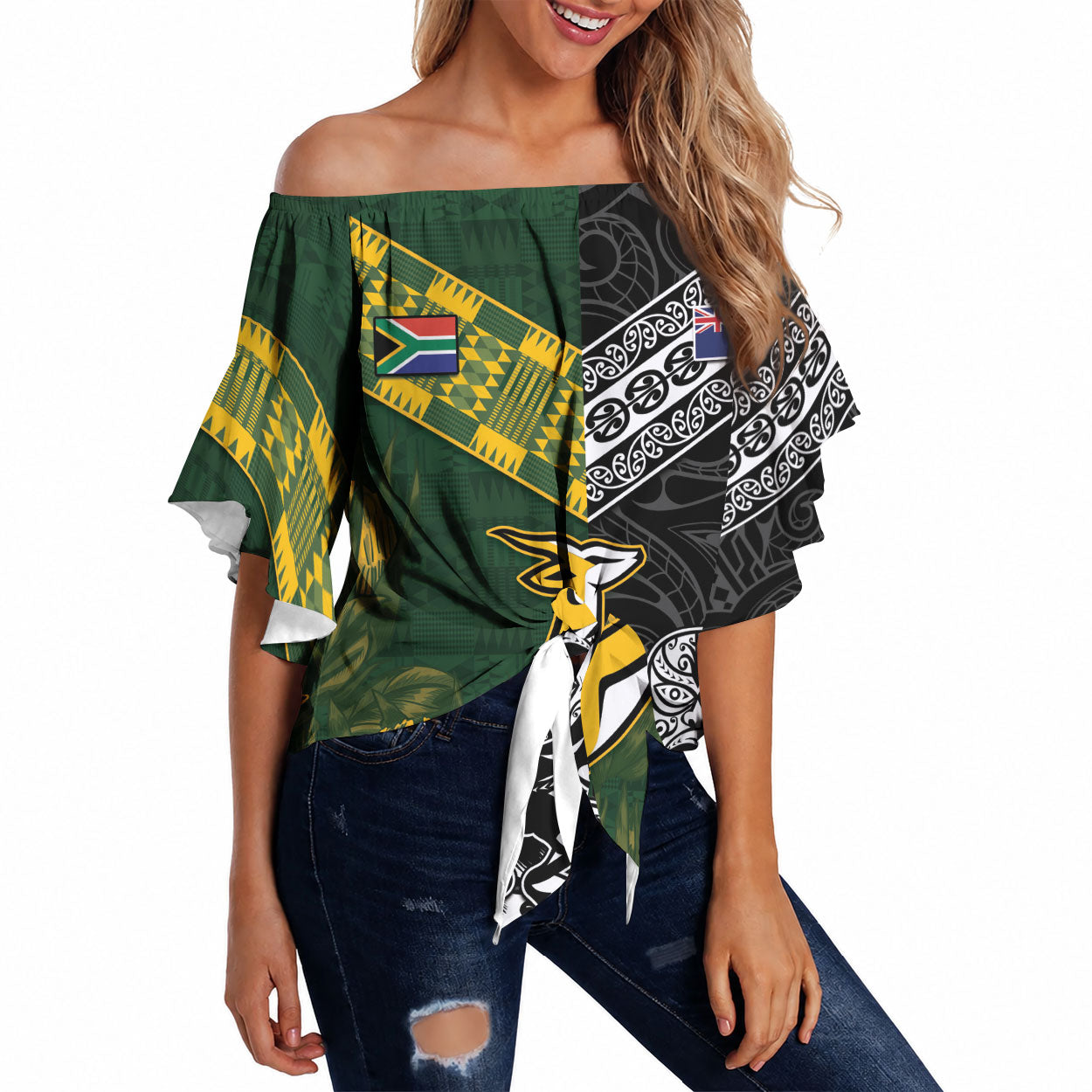 Rugby New Zealand South Africa Off Shoulder Wrap Waist Top Maori Tiki Springboks Together