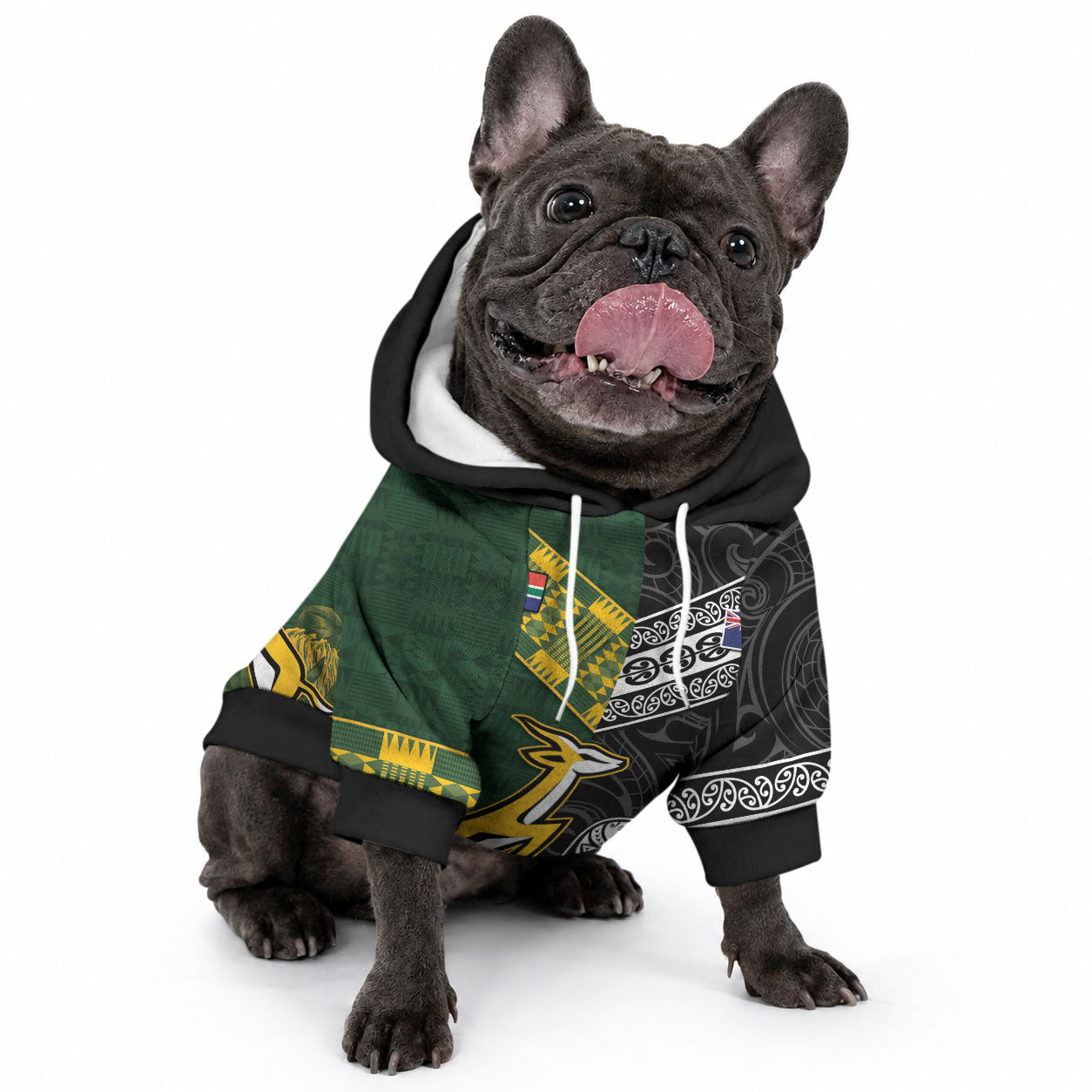 Rugby New Zealand South Africa Pet Hoodie Maori Tiki Springboks Together