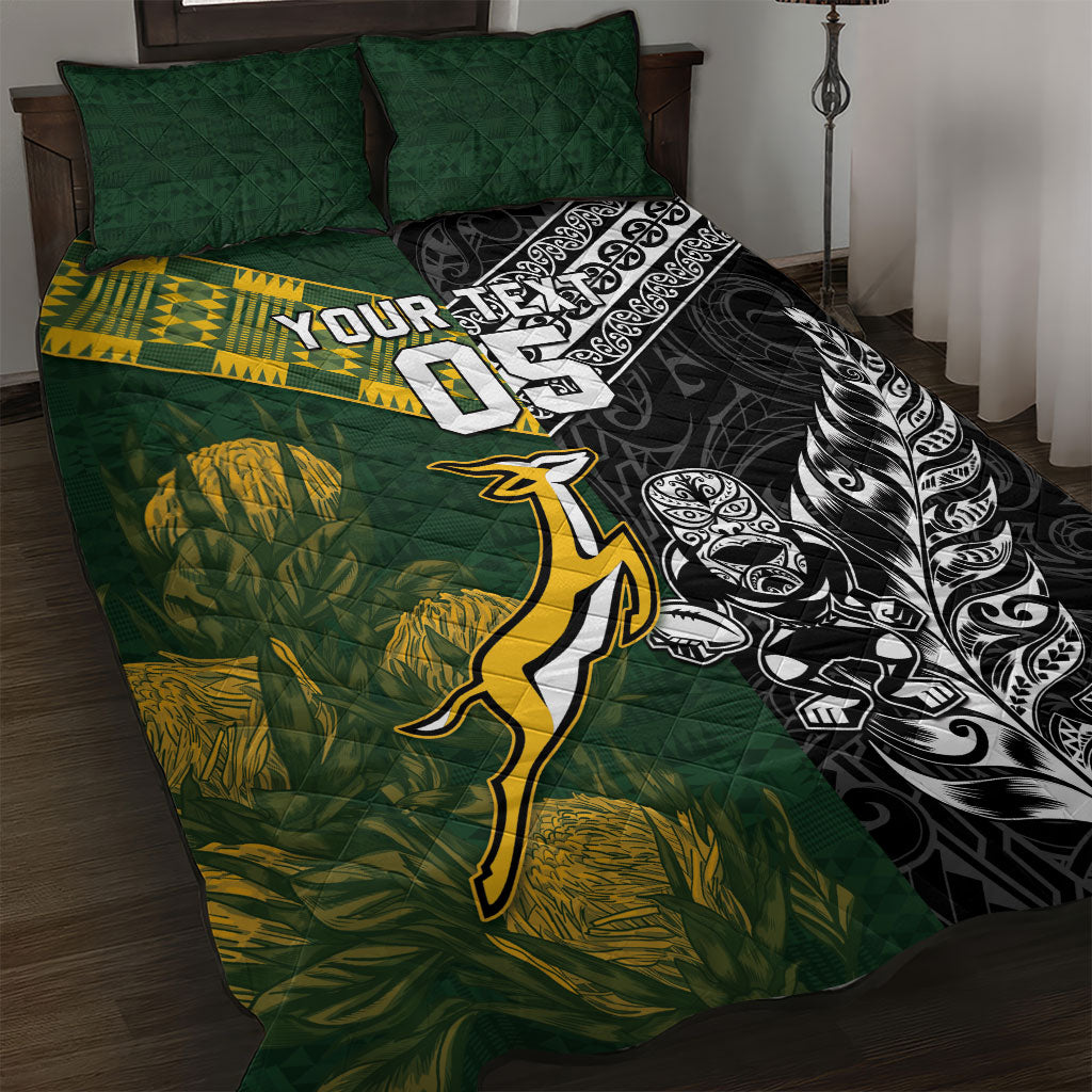 Rugby New Zealand South Africa Quilt Bed Set Maori Tiki Springboks Together