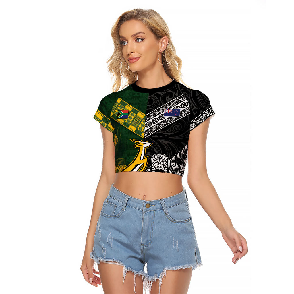 Rugby New Zealand South Africa Raglan Cropped T Shirt Maori Tiki Springboks Together