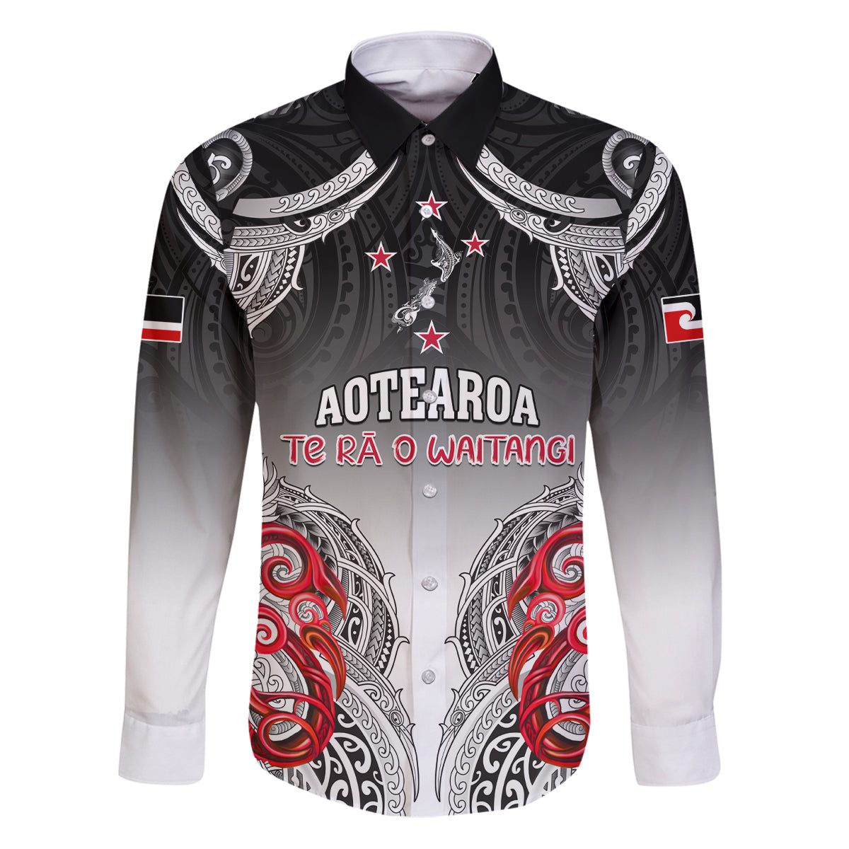 Personalised New Zealand Waitangi Day Family Matching Puletasi Dress and Hawaiian Shirt Aotearoa Te Ra O Waitangi Manaia Maori Pattern LT05 Dad's Shirt - Long Sleeve Black - Polynesian Pride