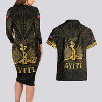 Haiti 1804 Couples Matching Long Sleeve Bodycon Dress and Hawaiian Shirt Polynesian Gold Neg Maron LT05 - Polynesian Pride