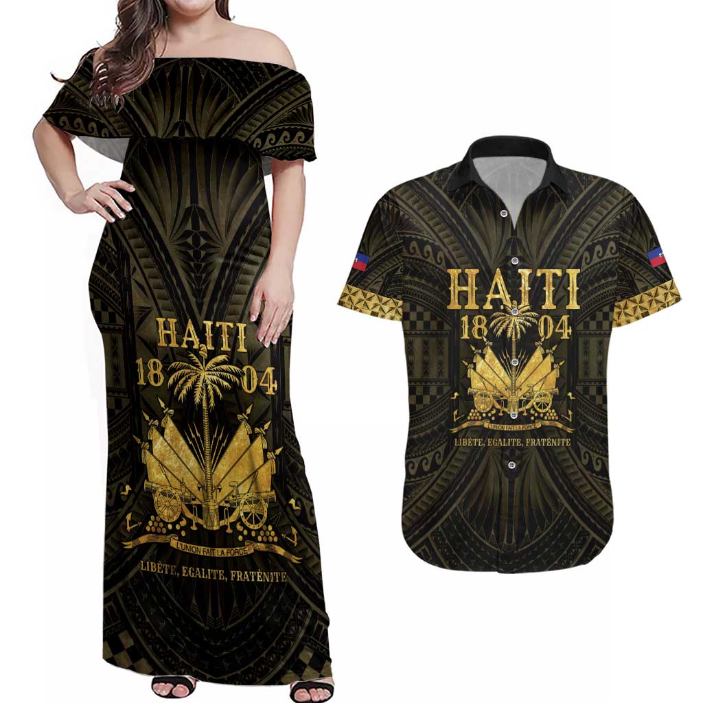 Haiti 1804 Couples Matching Off Shoulder Maxi Dress and Hawaiian Shirt Polynesian Gold Neg Maron LT05 Gold - Polynesian Pride