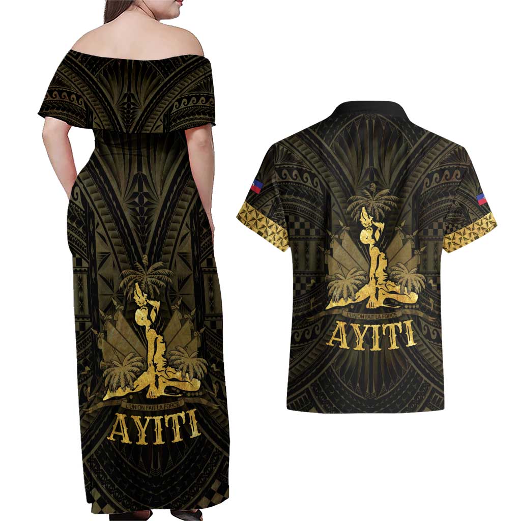 Haiti 1804 Couples Matching Off Shoulder Maxi Dress and Hawaiian Shirt Polynesian Gold Neg Maron LT05 - Polynesian Pride