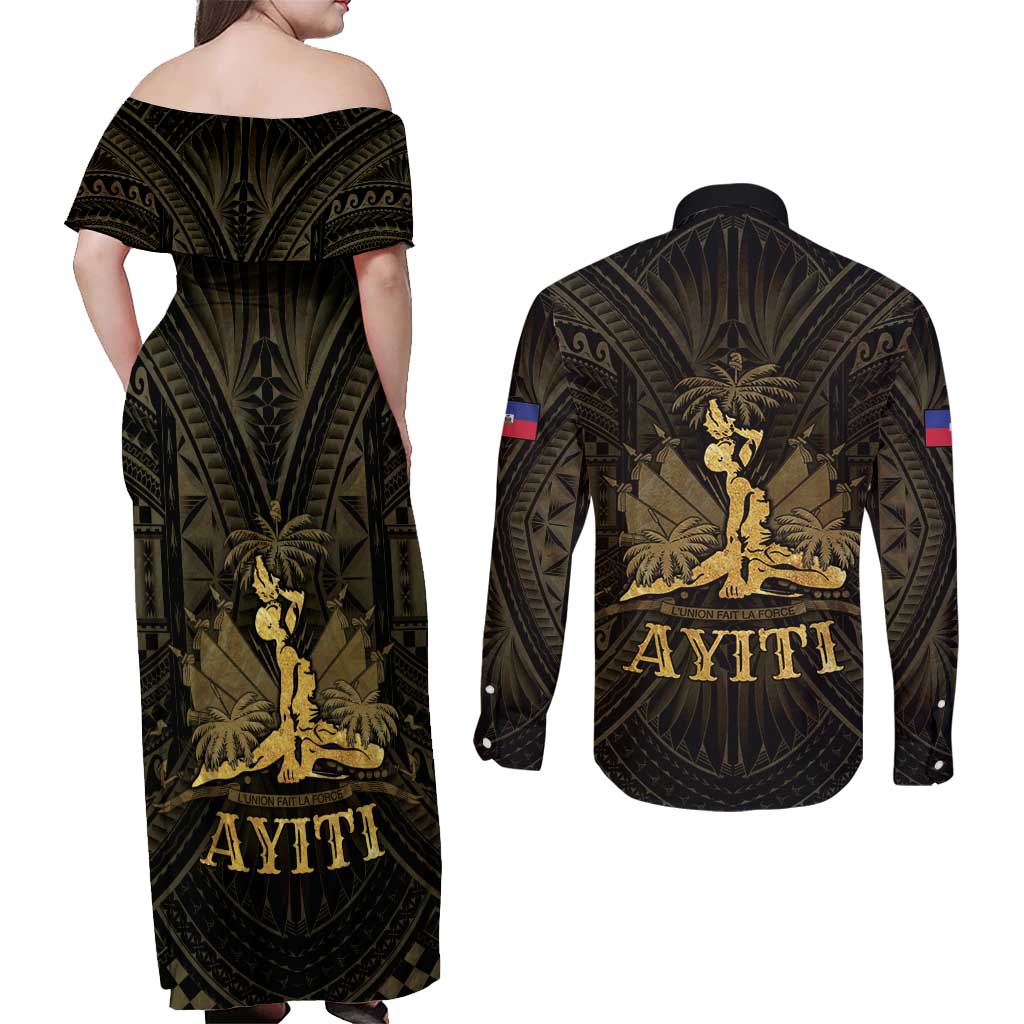 Haiti 1804 Couples Matching Off Shoulder Maxi Dress and Long Sleeve Button Shirt Polynesian Gold Neg Maron