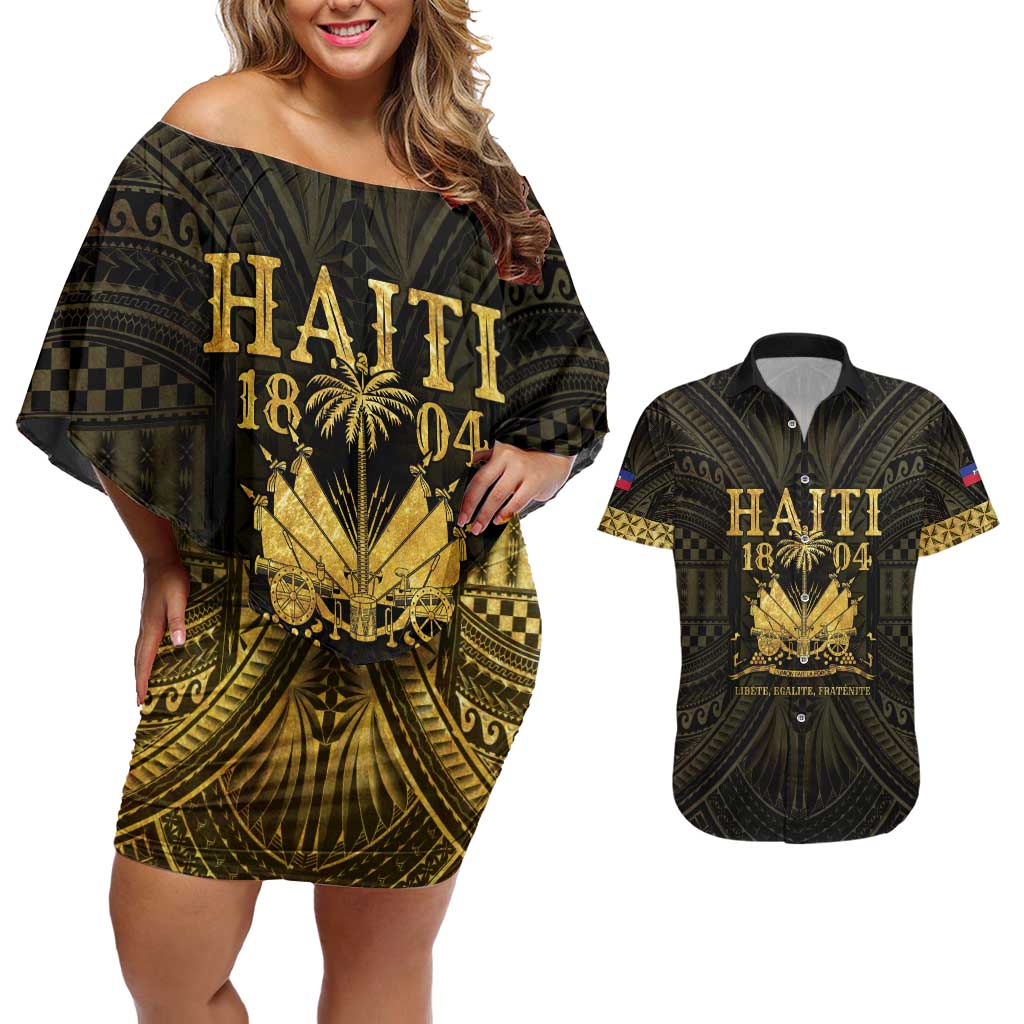 Haiti 1804 Couples Matching Off Shoulder Short Dress and Hawaiian Shirt Polynesian Gold Neg Maron LT05 Gold - Polynesian Pride