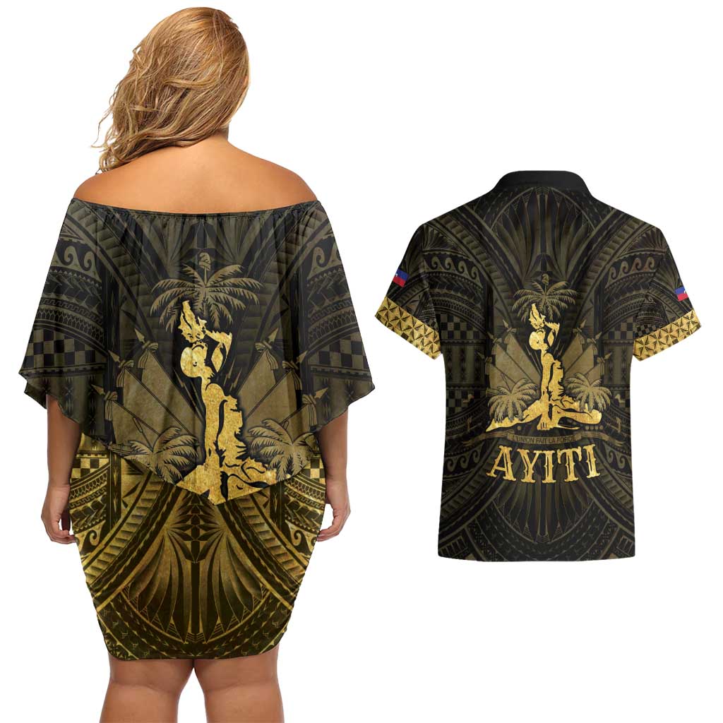 Haiti 1804 Couples Matching Off Shoulder Short Dress and Hawaiian Shirt Polynesian Gold Neg Maron LT05 - Polynesian Pride