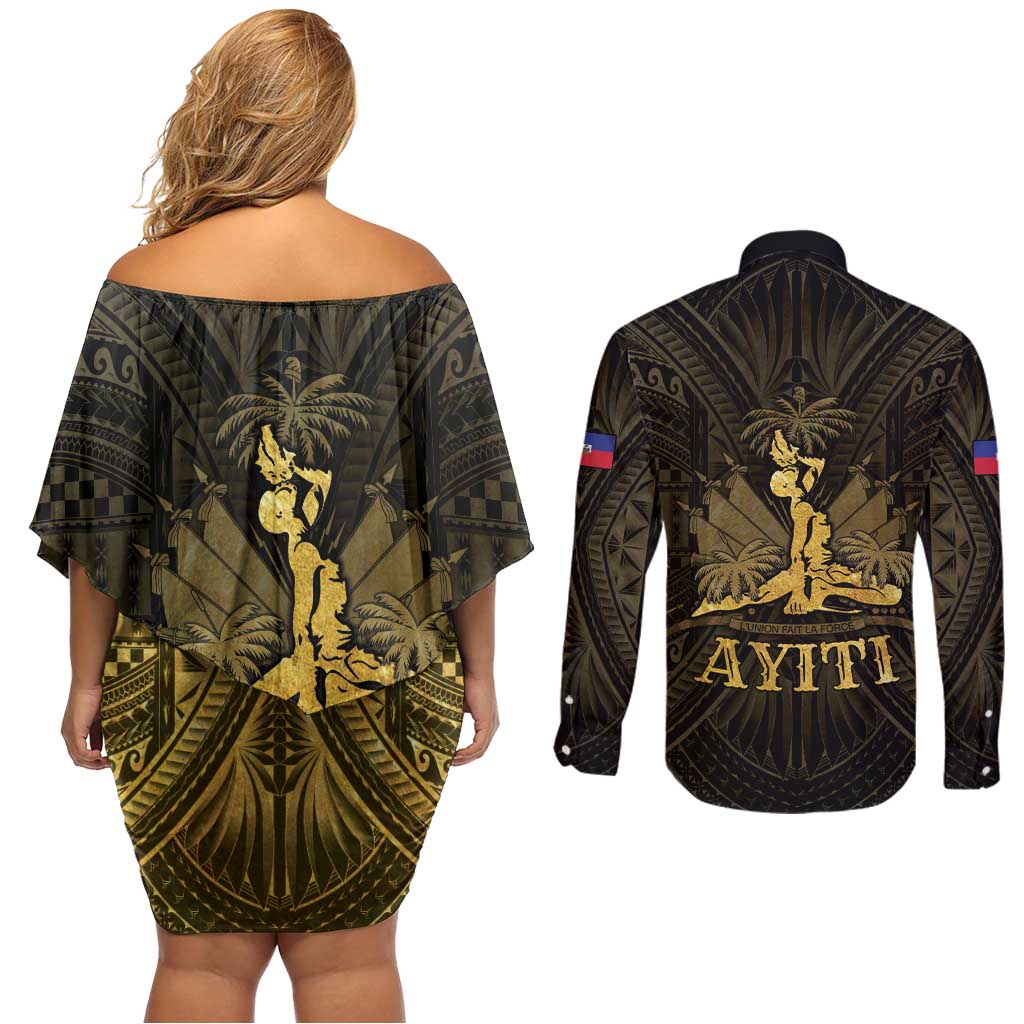 Haiti 1804 Couples Matching Off Shoulder Short Dress and Long Sleeve Button Shirt Polynesian Gold Neg Maron