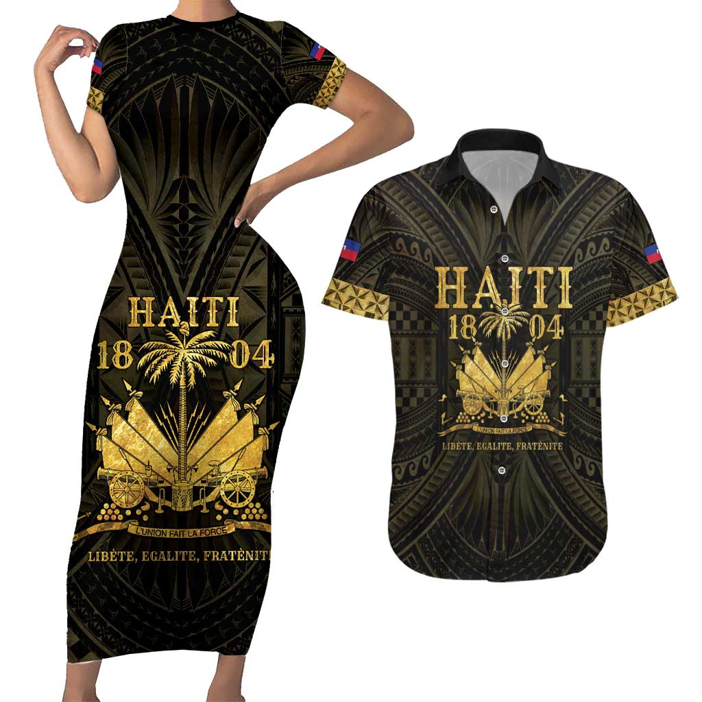 Haiti 1804 Couples Matching Short Sleeve Bodycon Dress and Hawaiian Shirt Polynesian Gold Neg Maron LT05 Gold - Polynesian Pride