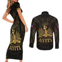 Haiti 1804 Couples Matching Short Sleeve Bodycon Dress and Long Sleeve Button Shirt Polynesian Gold Neg Maron LT05 - Polynesian Pride