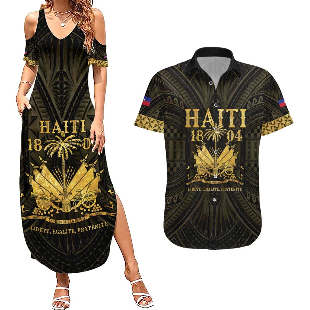 Haiti 1804 Couples Matching Summer Maxi Dress and Hawaiian Shirt Polynesian Gold Neg Maron LT05 Gold - Polynesian Pride