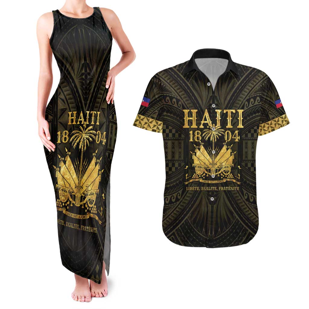 Haiti 1804 Couples Matching Tank Maxi Dress and Hawaiian Shirt Polynesian Gold Neg Maron LT05 Gold - Polynesian Pride