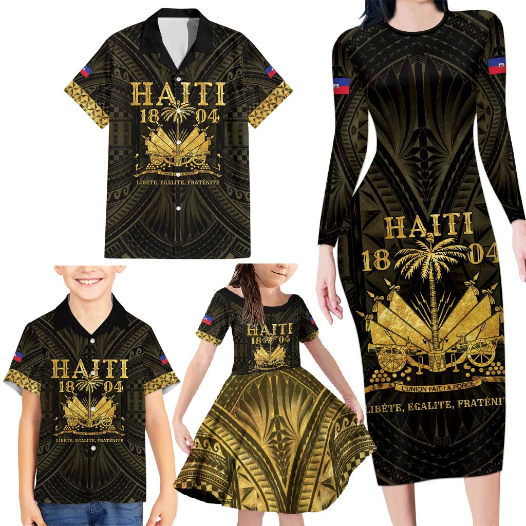 Haiti 1804 Family Matching Long Sleeve Bodycon Dress and Hawaiian Shirt Polynesian Gold Neg Maron LT05 - Polynesian Pride
