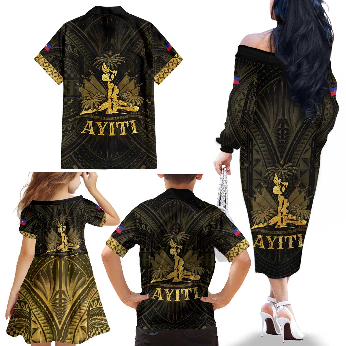 Haiti 1804 Family Matching Off The Shoulder Long Sleeve Dress and Hawaiian Shirt Polynesian Gold Neg Maron LT05 - Polynesian Pride